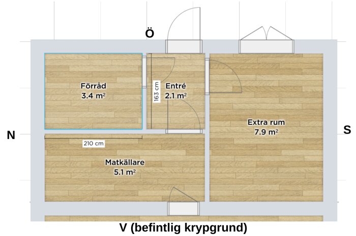 Planritning av en byggnad med rum och mått, orientering markerad med väderstreck.