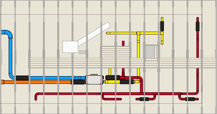 Illustration av industriell rörledning och elkabeldragning mot en vägg med strukturerad layout.