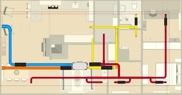 Planritning avseende VVS-installation med rörsystem i olika färger för vatten, avlopp och ventilation.