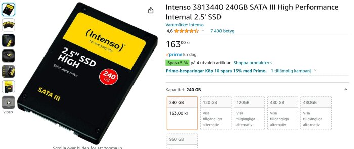 Intenso SSD, 240 GB, 2,5 tum, SATA III, e-handelssida, produktinformation, kundbetyg, pris.