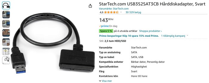 Svart USB till SATA-adapter för hårddiskar, produktinformation och pris visas.