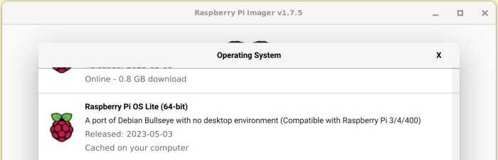 Raspberry Pi Imager-program, version 1.7.5, visar Raspberry Pi OS Lite (64-bit) information.