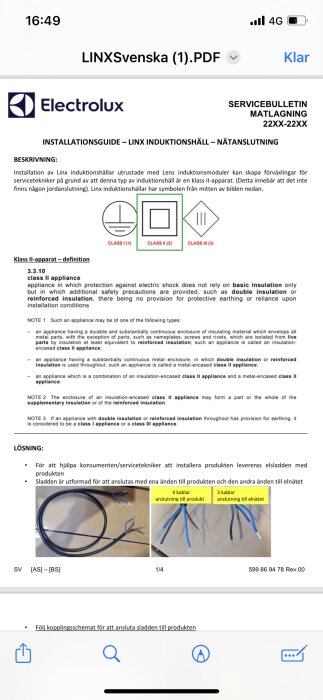 Elektrolux installationsguide för spishäll, säkerhetsklasser, kabelanslutning instruktioner. PDF-dokument uppenbart på skärm.