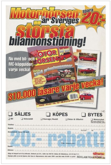 Reklam för svensk bilannonstidning "Motorbörsen", hävdar vara störst i Sverige, erbjuder rabatt.