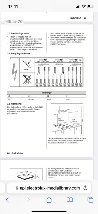 Anvisningar för anslutning och installation av häll, elektrisk schema, kabelfärger, måttangivelser, på svenska.