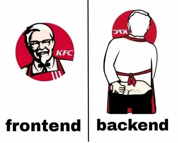 Humoristisk jämförelse mellan "frontend" och "backend" med en vänd KFC-logotyp som ser ut som en kropp.