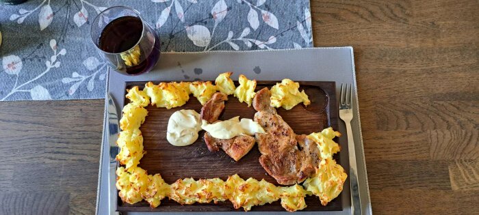 Måltid på skärbräda: grillat kött, potatistoppar, bearnaisesås, dricka i glas, bestick, blommig duk.