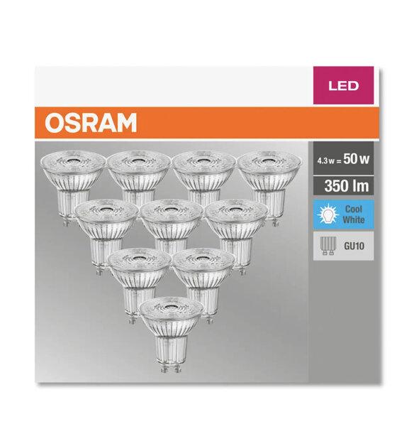 Förpackning med LED-lampor, varumärke OSRAM, 4.3W motsvarar 50W, kallvit.