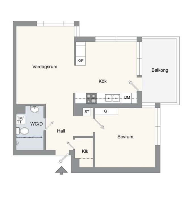 En lägenhetsplan med vardagsrum, kök, sovrum, balkong, hall, klädkammare och badrum. Modernt och överskådligt.