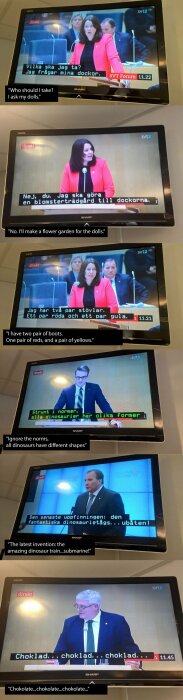 Samling av TV-skärmar som visar politiker med humoristiskt redigerade undertexter, inte deras verkliga tal.
