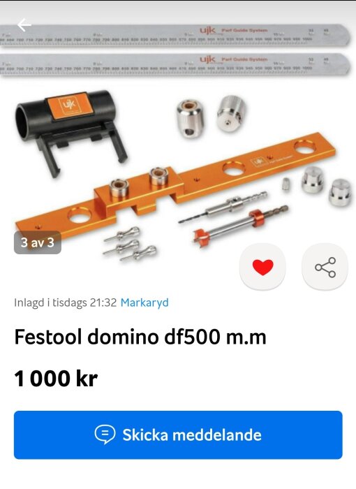 Verktygsset till salu, Festool Domino DF500, orange metall, mätare, tillbehör, onlineannons, prissatt 1 000 kronor.