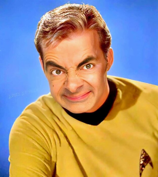 Man i Star Trek-uniform med redigerat ansikte för att likna en annan karaktärs distinkta uttryck. Humoristisk bild.
