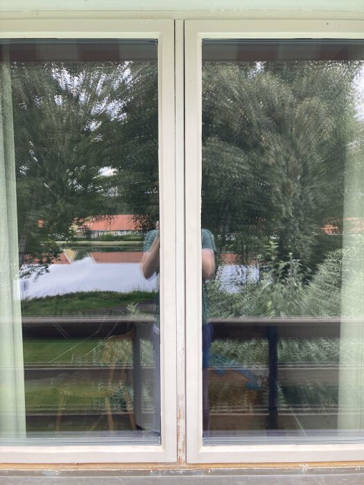 Fönster med spegling av träd och person, sprucken ruta, suddig inomhusmiljö, vit karm, grönska.