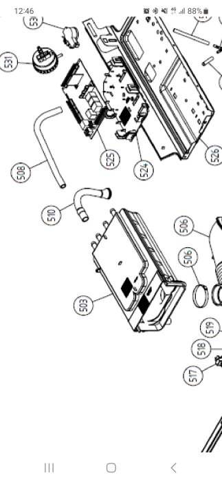 Teknisk sprängvysskiss med många delar och referensnummer, troligtvis för en mekanisk eller elektronisk apparat.