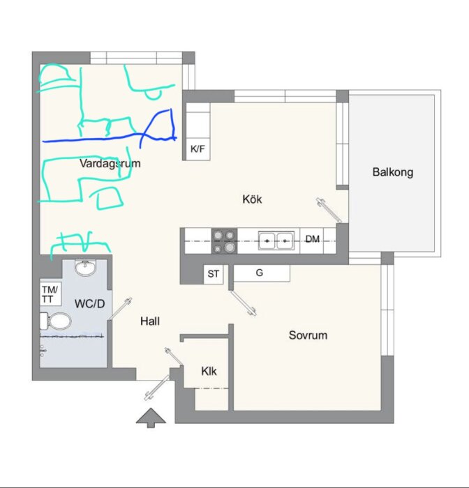 Planritning av lägenhet med vardagsrum, kök, sovrum, balkong, hall och WC/dusch.