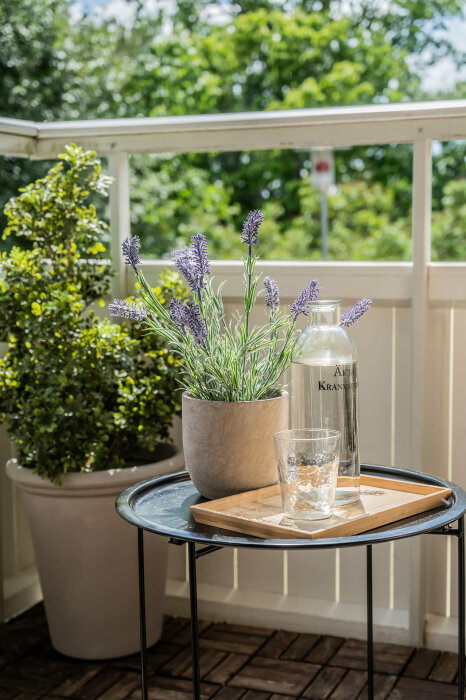Balkong med växter, vattenflaska och glas på sidobord, sommardag.