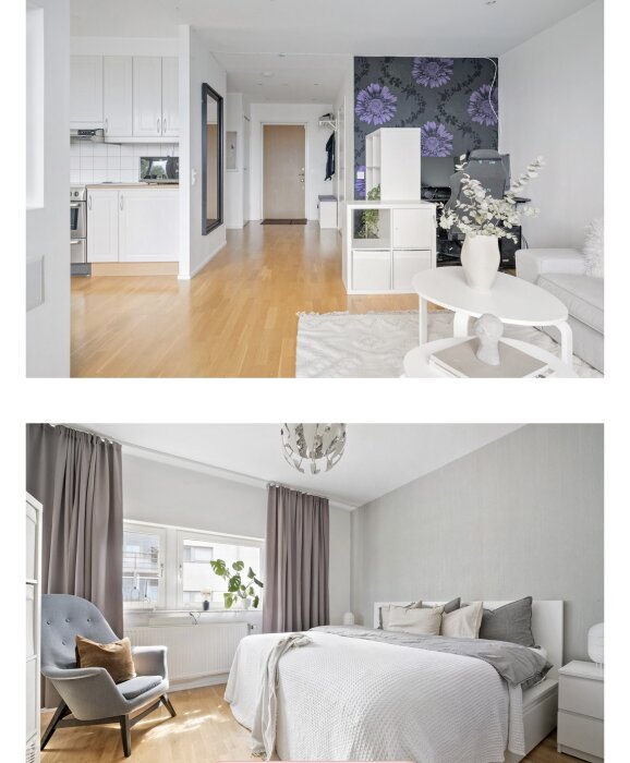 Modernt inrett vardagsrum och sovrum, ljus färgsättning, minimalistisk stil, trägolv, ljusinsläpp från fönster.