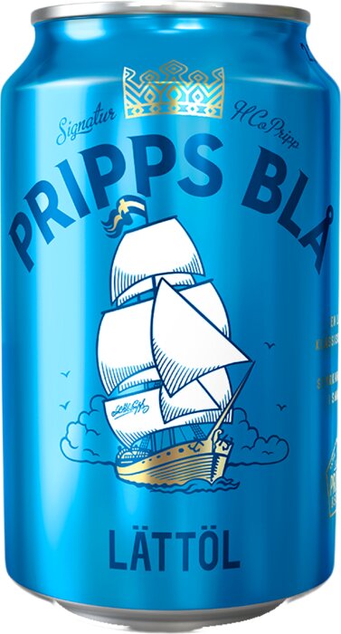 Blå ölburk med segelbåt, text "Pripps Blå Lättöl", klassisk svensk dryck.