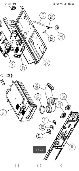 Exploded diagram of mechanical parts with numbered labels, possibly for assembly instructions.