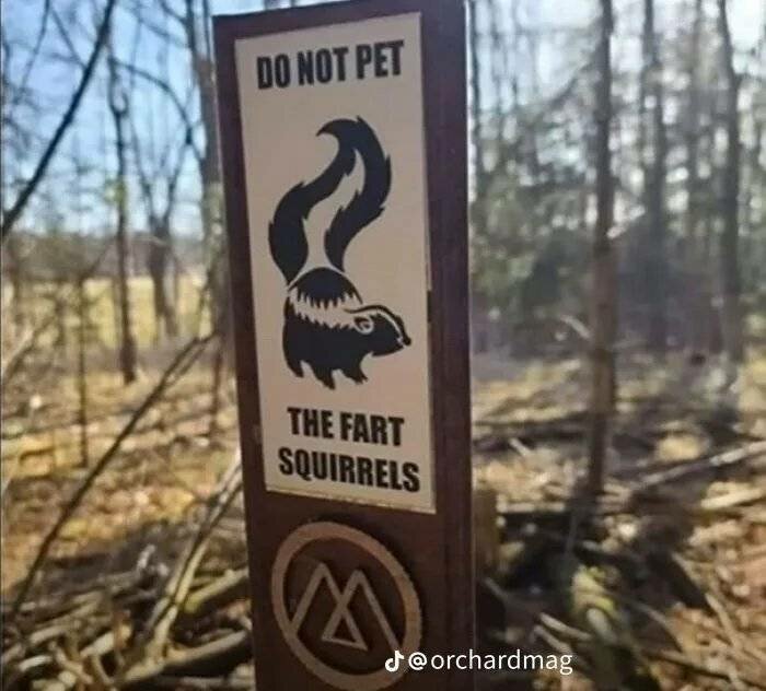 Skylt i skog som säger "DO NOT PET THE FART SQUIRRELS" med grafisk skämtsam ikon.