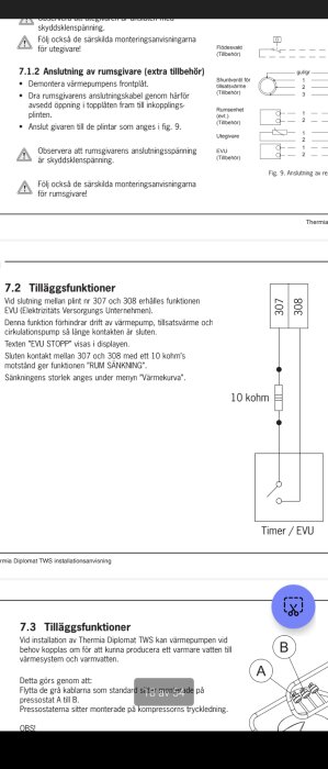 Svensk installationsanvisning för värmepump, inkluderar diagram och instruktioner för tilläggsfunktioner och anslutning.