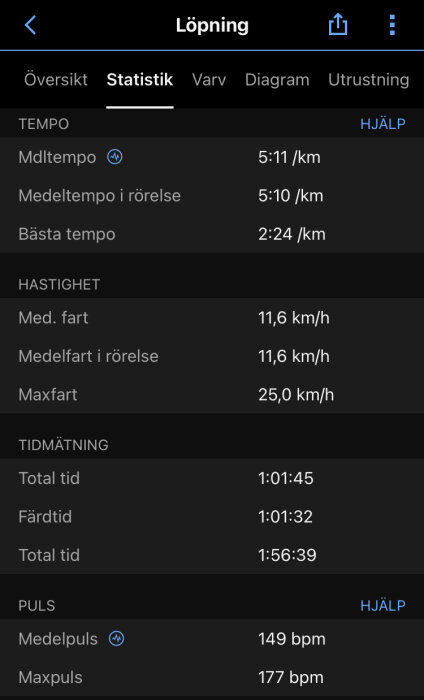 Skärmavbildning av löparträning statistik; tempo, hastighet, tidmätning, puls noteringar i en mobilapp.