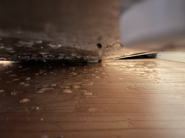Bild på ett golv under möbel med spår av vätska och damm. Nära perspektiv, begränsad synlighet.