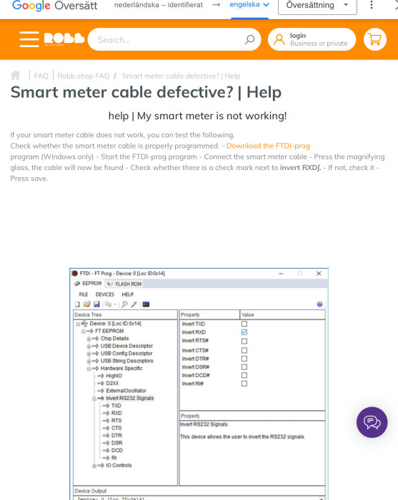 Skärmklipp med instruktioner för felsökning av smart meter-kabel via programvara. Webböversättare och sökfält syns också.