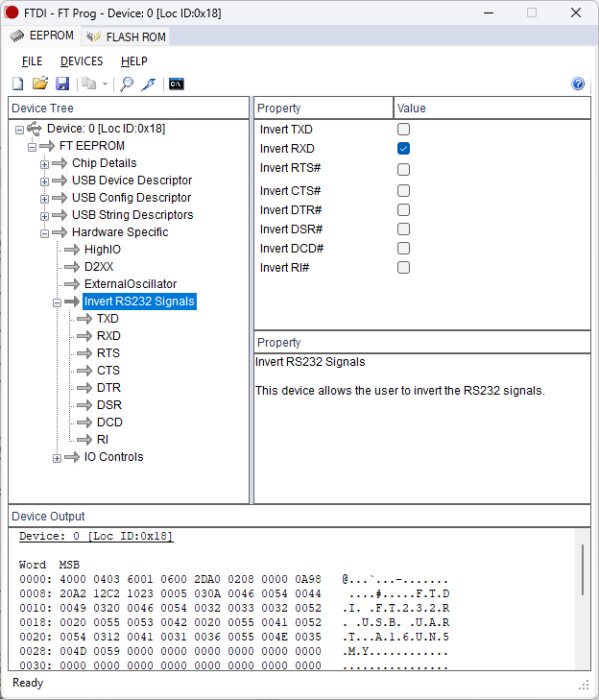 Programmeringsverktyg för FTDI-kretsar visas, med inställningar för att invertera RS232-signaler.