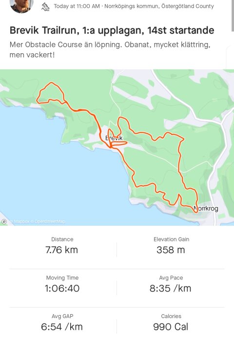 Karta med terrängloppsspår, 7.76 km, obanat, Elevation Gain 358 m, tid 1:06:40, Erevik, Norrköping kommun.