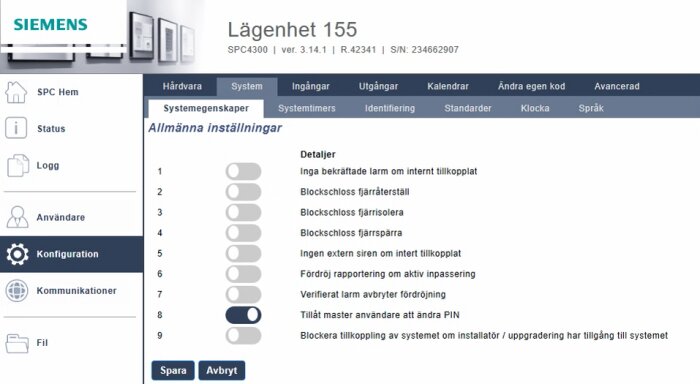 Skärmdump av Siemens säkerhetssystemgränssnitt med Allmänna inställningar och växlar för olika konfigurationsalternativ.