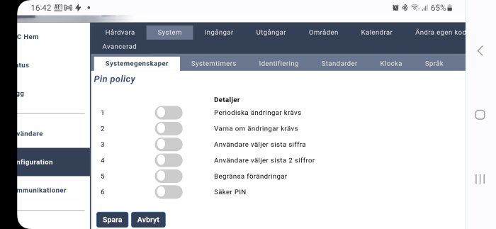 Gränssnitt för PIN-policyinställningar på en enhet, med inaktiva alternativ och språket är svenska.