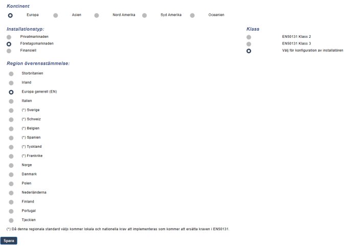 Skärmdump av formulär med alternativ för kontinent, installationstyp, regionöverensstämmelse och klassval.
