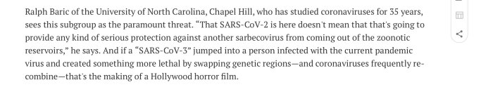 Textutdrag om coronavirus, forskaren Ralph Baric och pågående pandemirisker. Liknas vid en skräckfilm.