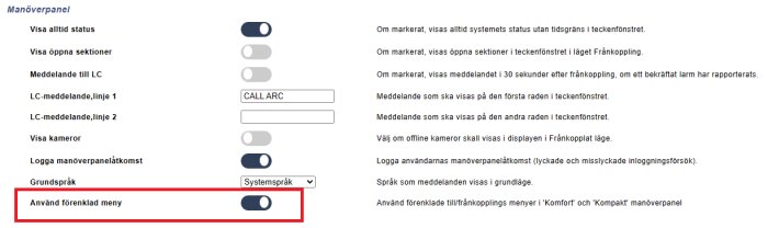 Skärmdump av inställningsmeny på Svenska, alternativ för manöverpanel, grafiska reglage, textbeskrivningar.