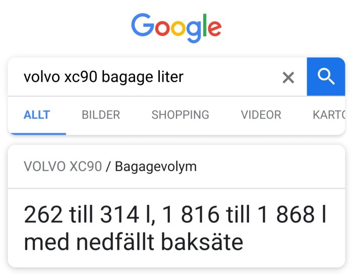 Google-sökresultat för Volvo XC90 bagageutrymme, anger volym i liter.