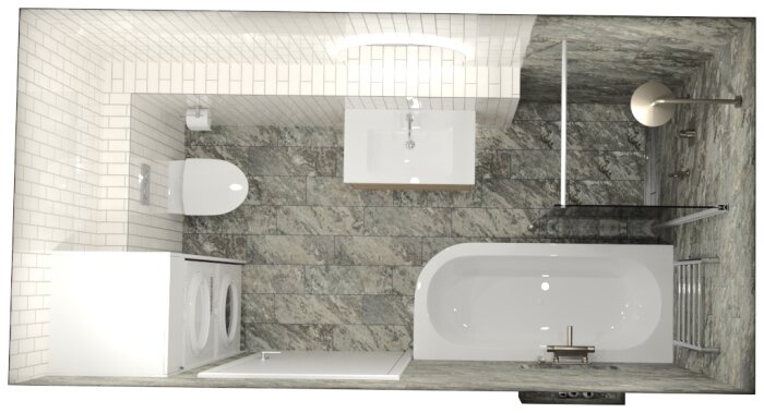 Modernt badrum med badkar, dusch, dubbla handfat, toalett, marmorkakel och tvättmaskiner.