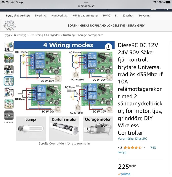 Instruktionsdiagram för kablage, fjärrkontrollsmottagare, exempel på användning med motor och lampa, online shopping gränssnitt.