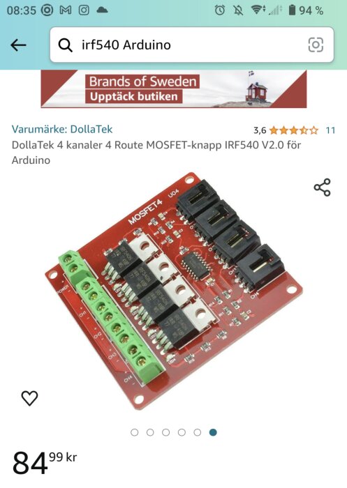 Röd kretskortsmodul med MOSFETs för elstyrning, kompatibel med Arduino, fyra kanaler, användargränssnitt på skärm.