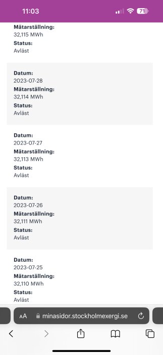 Skärm bild av elanvändningsdata på en mobil enhet, som visar datum, mätarställning och status för flera dagar.