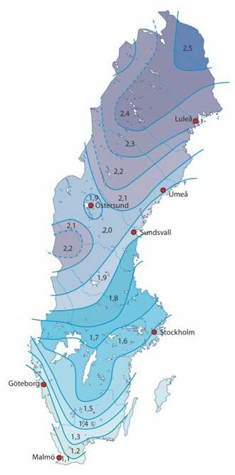 Karta över Sverige som visar numeriska värden vid städer, troligtvis klimat- eller demografiska data.