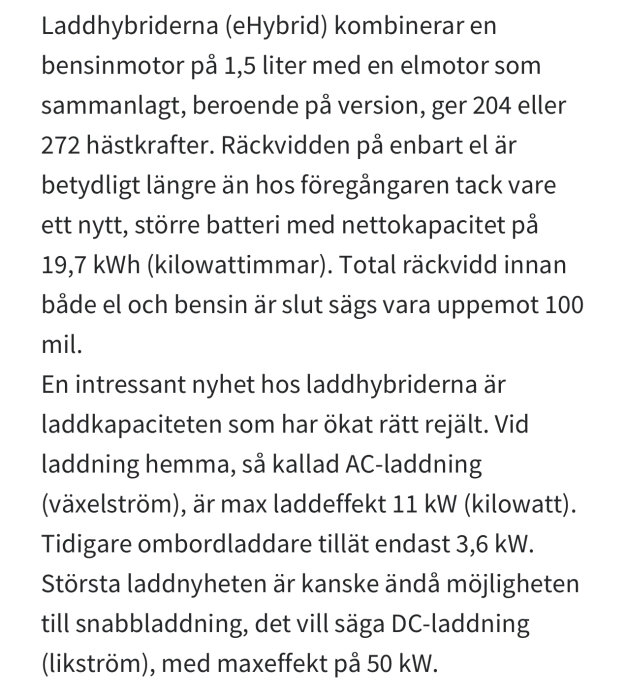 Text om laddhybridbilar, kombination av bensinmotor och elmotor, batterikapacitet och laddningsinformation.