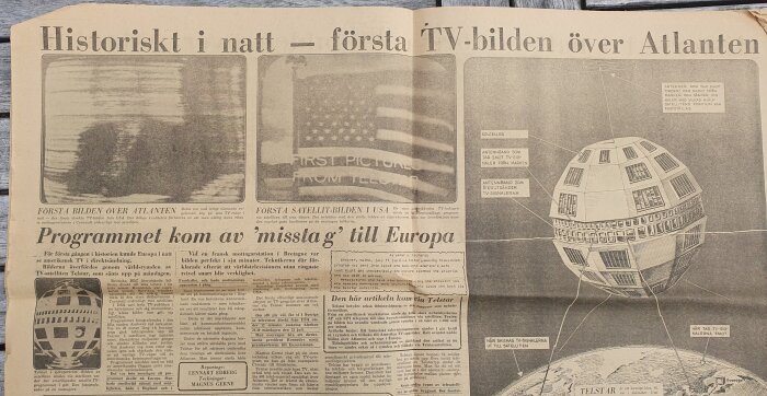 Historisk tidningsartikel om första TV-sändningen över Atlanten via satelliten Telstar.