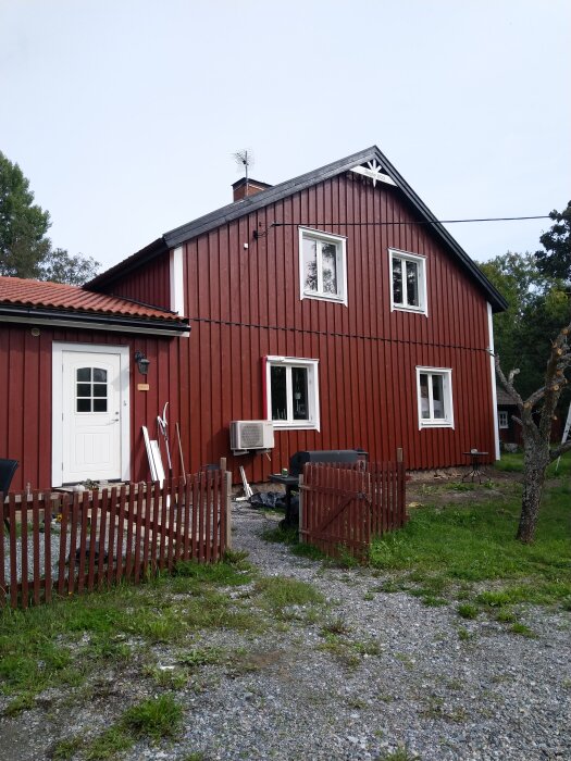 Rött hus med vita fönster, staket, luftkonditionering och grönska, typiskt skandinavisk stil.