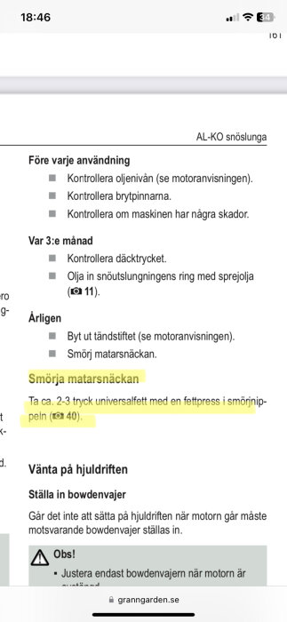 Instruktionsmanual eller underhållsguide för en AL-KO snöslunga, steg-för-steg instruktioner, svensk text, granskgarden.se länk.