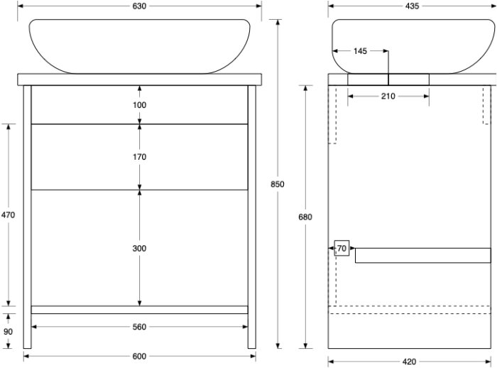 Teknisk ritning av en möbel, troligen ett skrivbord, med dimensioner i millimeter, fram- och sidovy.