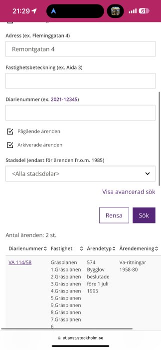 Skärmdump från mobil visar sökresultat på bygglov för adress i en svensk tjänst.