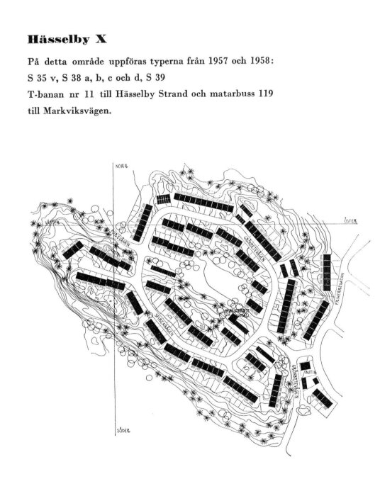 Svartvit karta över Hasselby, planerade byggnader från 1957-1958, text på svenska, orienteringspil (norr, söder), detaljerade gaturitningar.