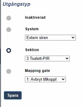 Gränssnitt för systeminställningar med radioknappar, rullgardinsmenyer och en sparaknapp, möjligtvis för en säkerhets- eller larmsystemkonfiguration.