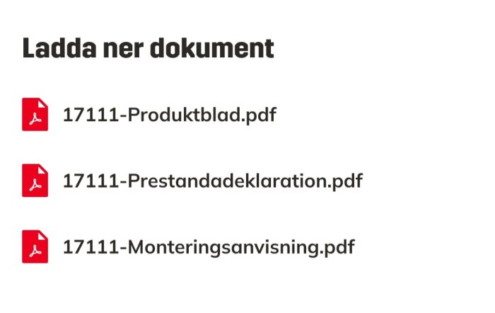 Användargränssnitt för nedladdning av dokument: produktblad, prestandadeklaration, monteringsanvisning i PDF-format.